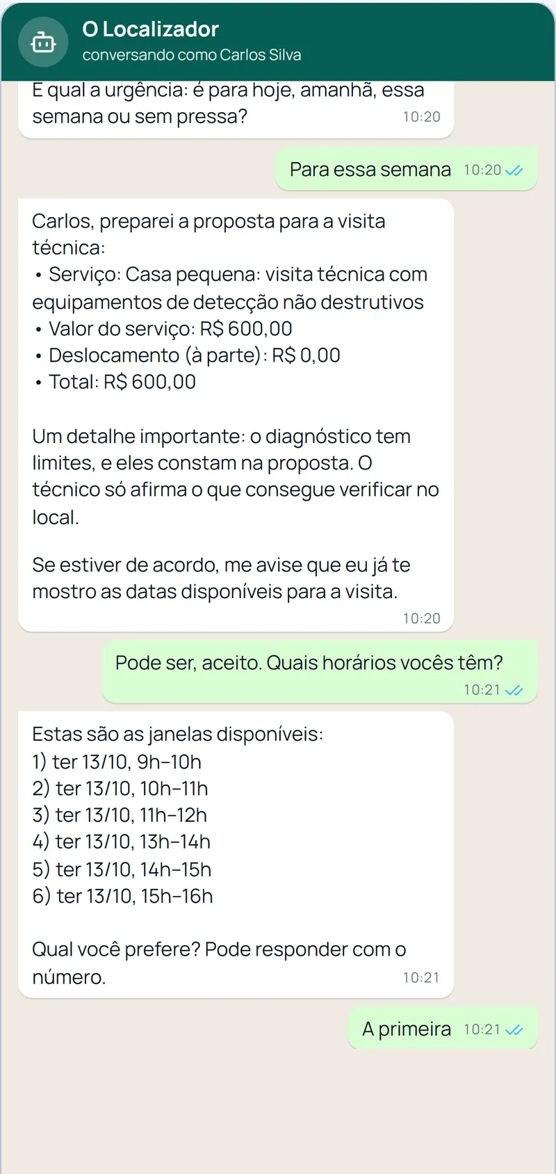 Conversa no WhatsApp em que a assistente da rede envia a proposta ao cliente