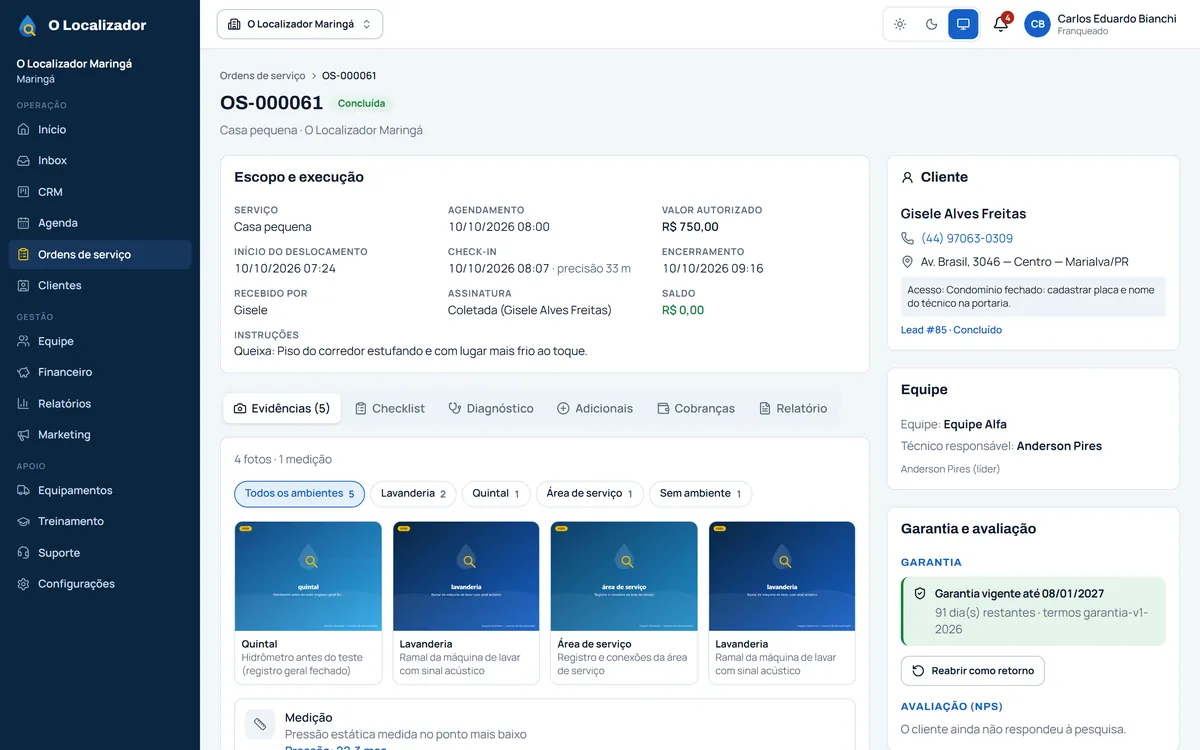 Tela de uma ordem de serviço concluída, com evidências e garantia